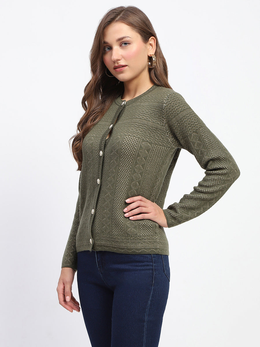 Madame Self-Designed Crew Neck Button Down Olive Green Cardigan