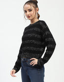 Madame Black Striped Cropped Sweater with Sparkle Detailing