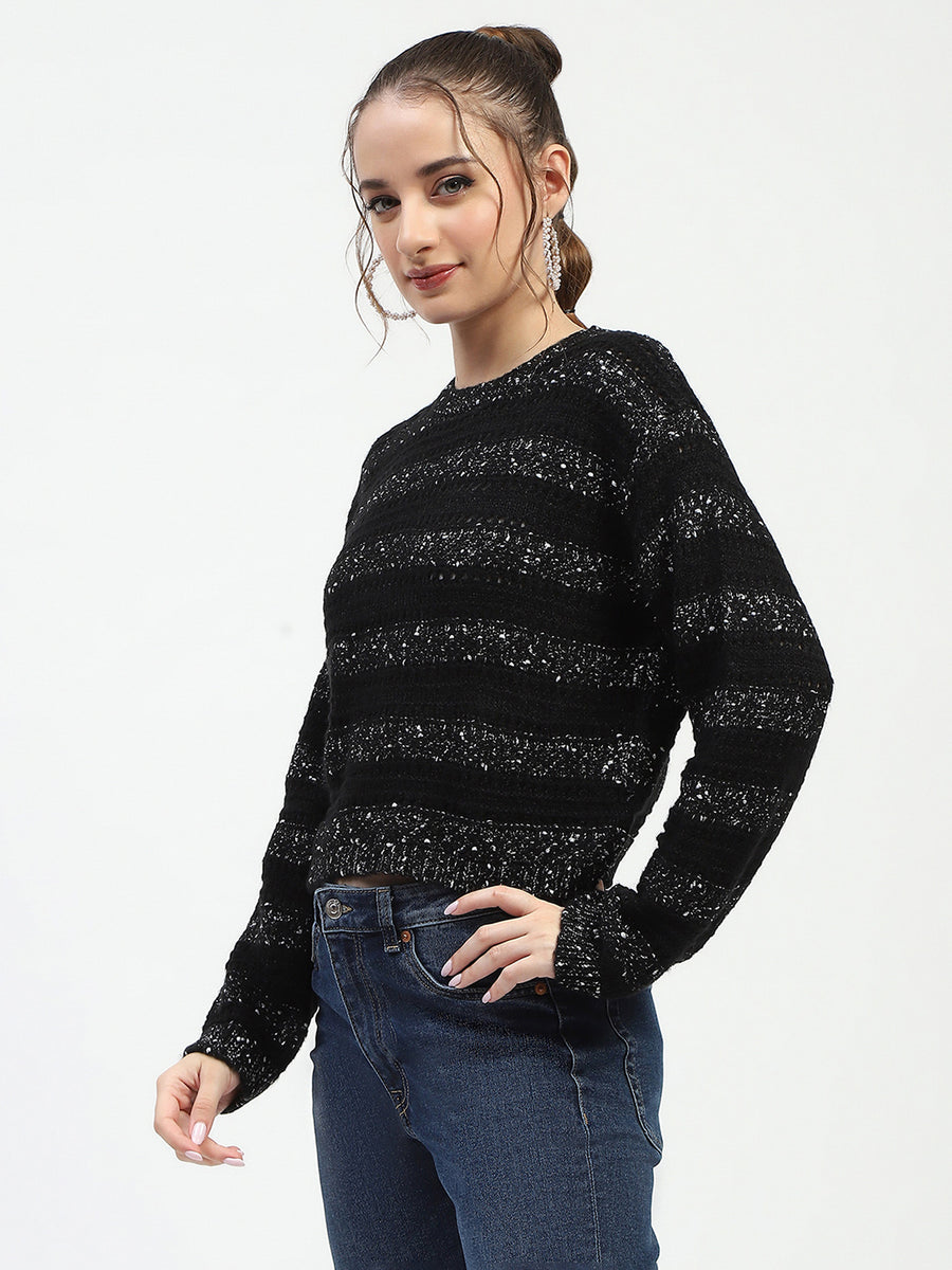 Madame Black Striped Cropped Sweater with Sparkle Detailing