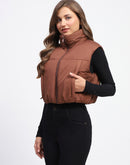 Madame High Neck Sleeveless Brown Crop Puffer Jacket