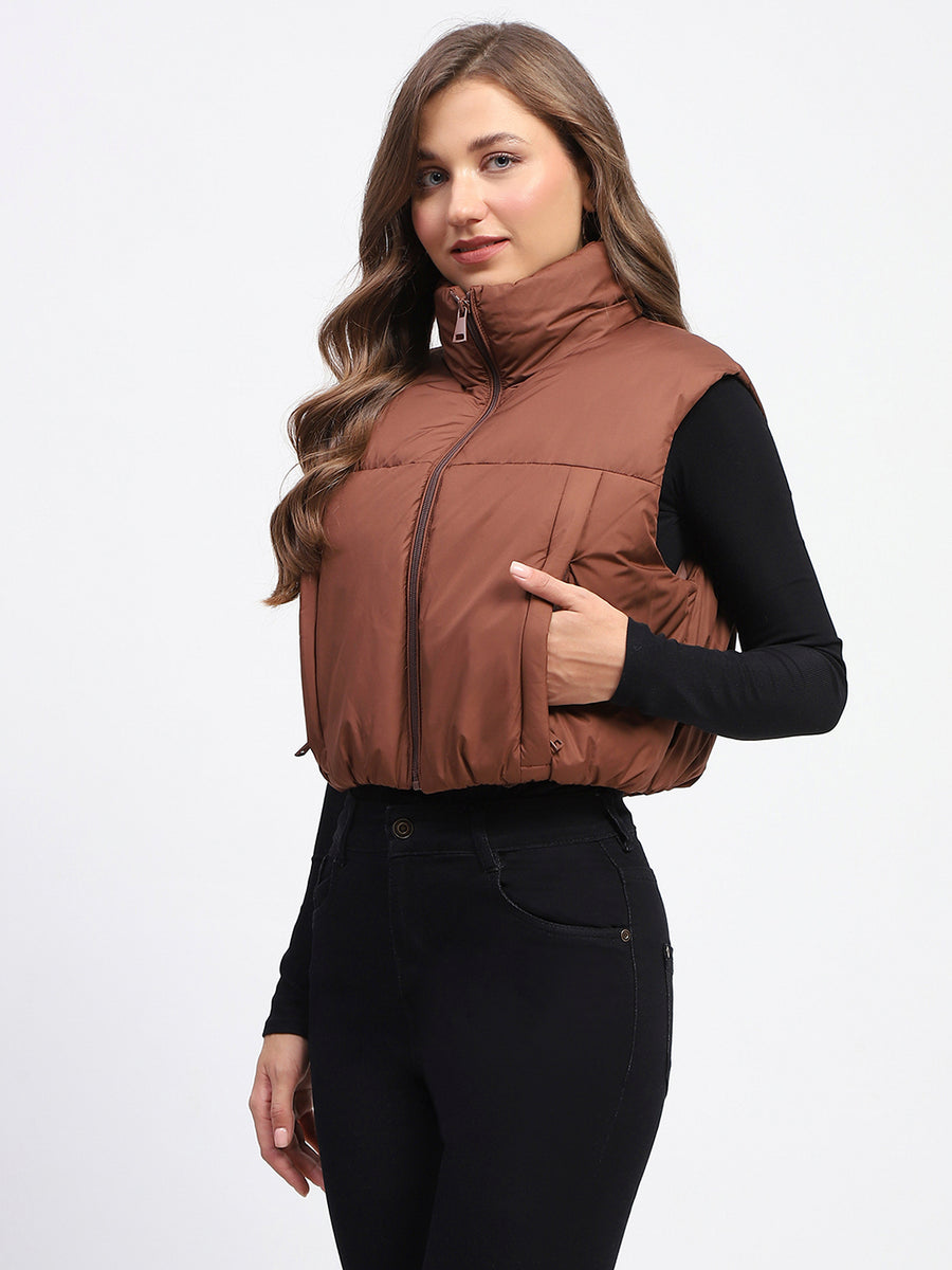 Madame High Neck Sleeveless Brown Crop Puffer Jacket