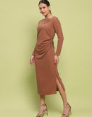 Madame Front Ruched Self Design Rust Red Knit Maxi Dress