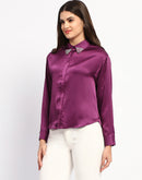 Madame Embellished Collar Cuff Sleeve Solid Purple Shirt