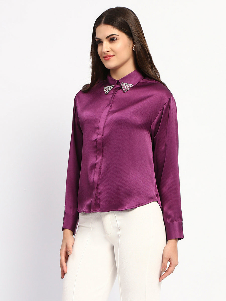 Madame Embellished Collar Cuff Sleeve Solid Purple Shirt