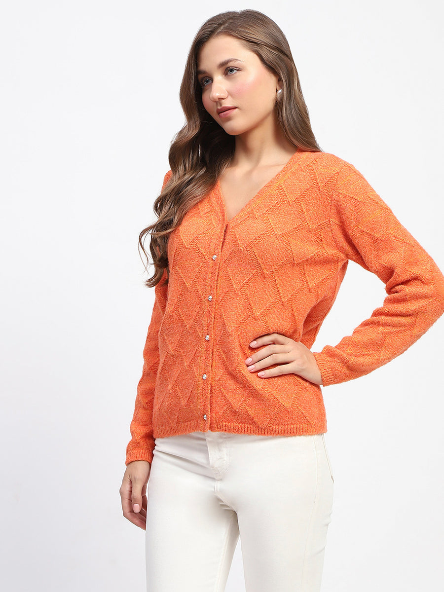 Madame Geometric Pattern V Neck Orange Cardigan