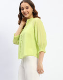 Madame Neon Green Mandarin Neck Frill Sleeve Buttoned Tencel Top