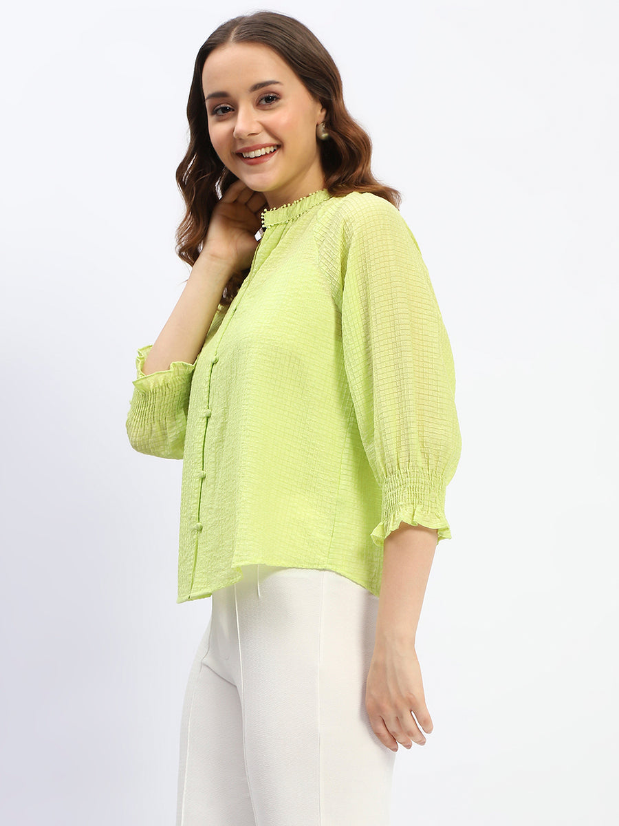 Madame Neon Green Mandarin Neck Frill Sleeve Buttoned Tencel Top