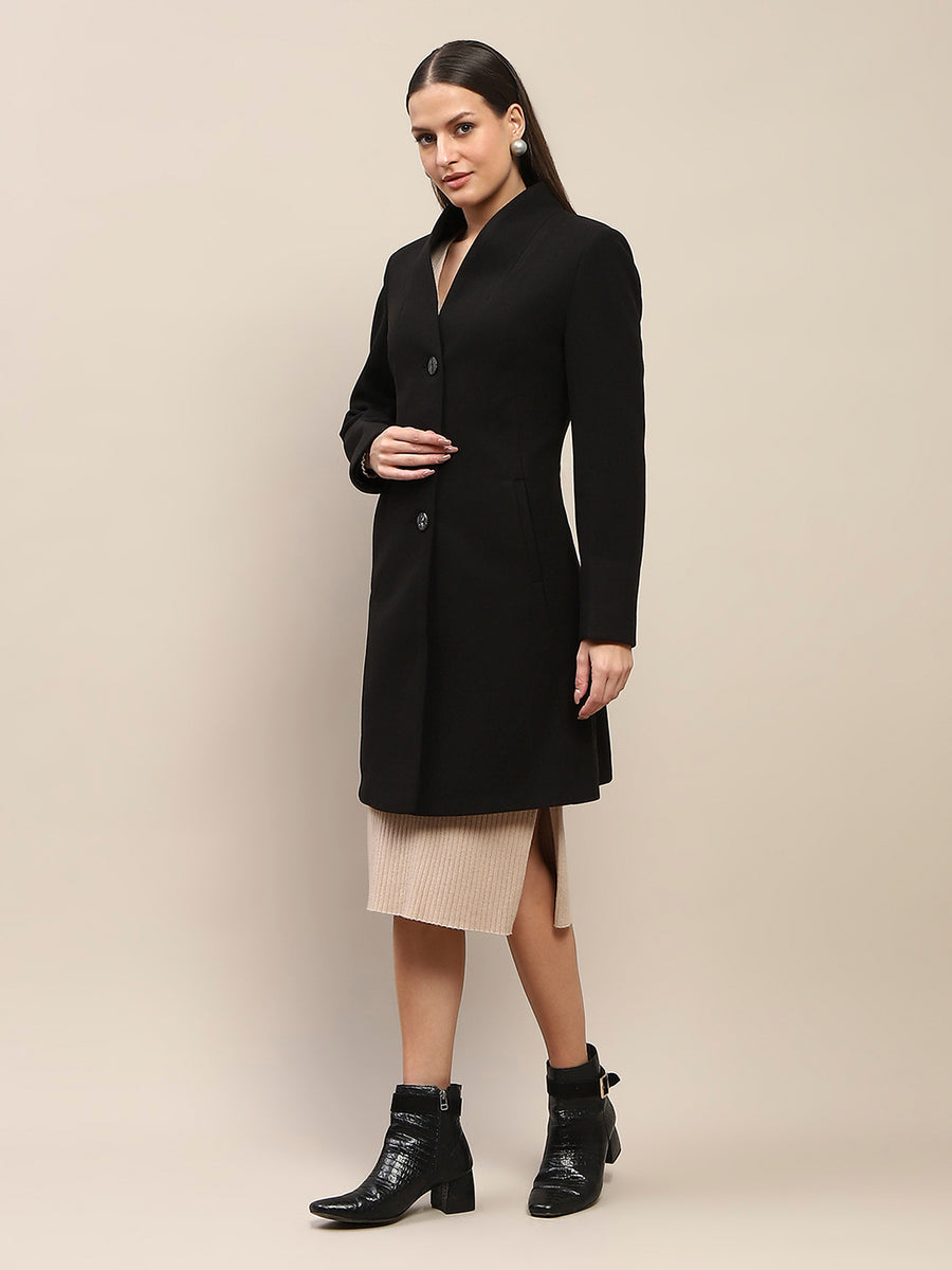 Madame Melange Side Inseam Pocketed Black Long Coat