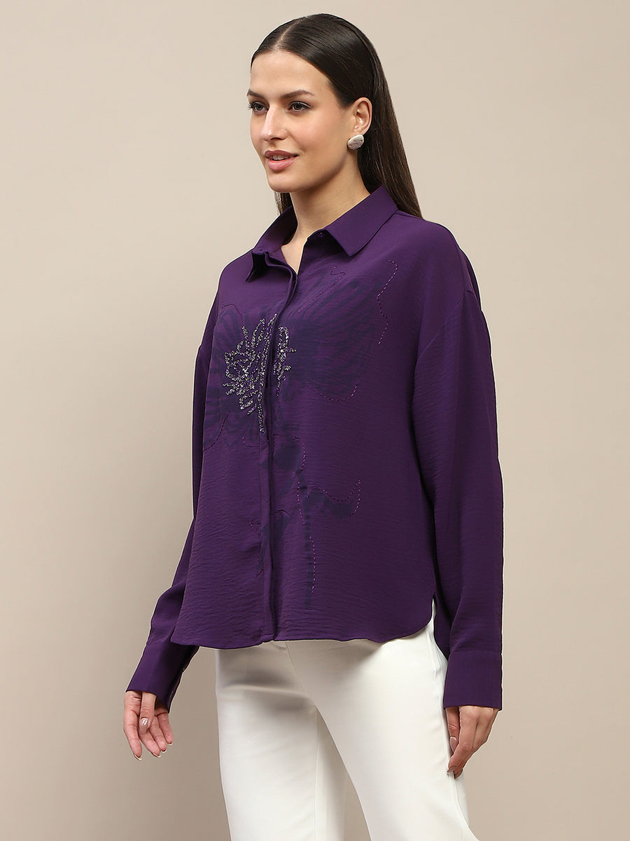 Madame Purple Print Sequin Embellished Shirt