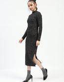 Madame Black Textured Bodycon Dress with Long Sleeves