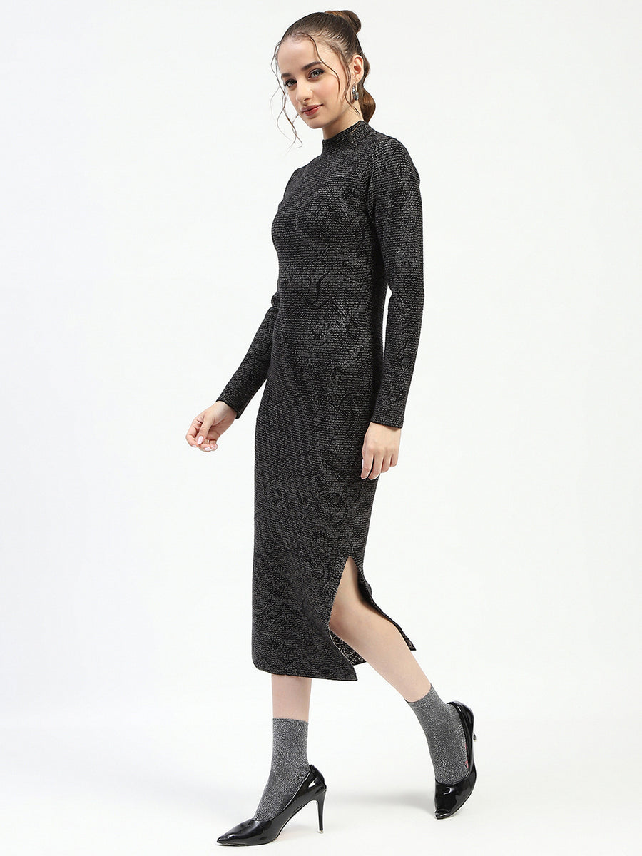 Madame Black Textured Bodycon Dress with Long Sleeves