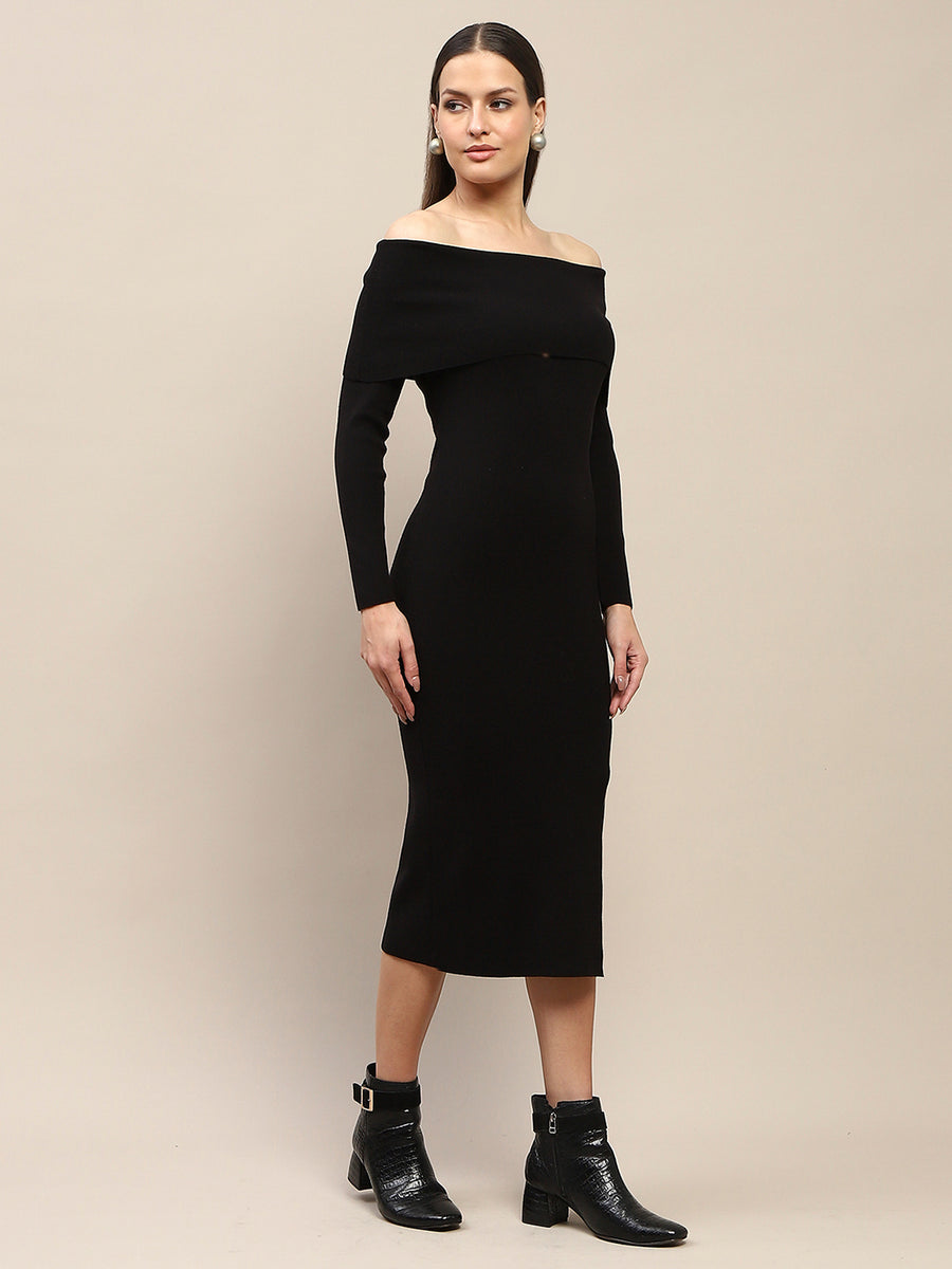 Madame Off Shoulder Side Slit Black Bodycon Midi Dress