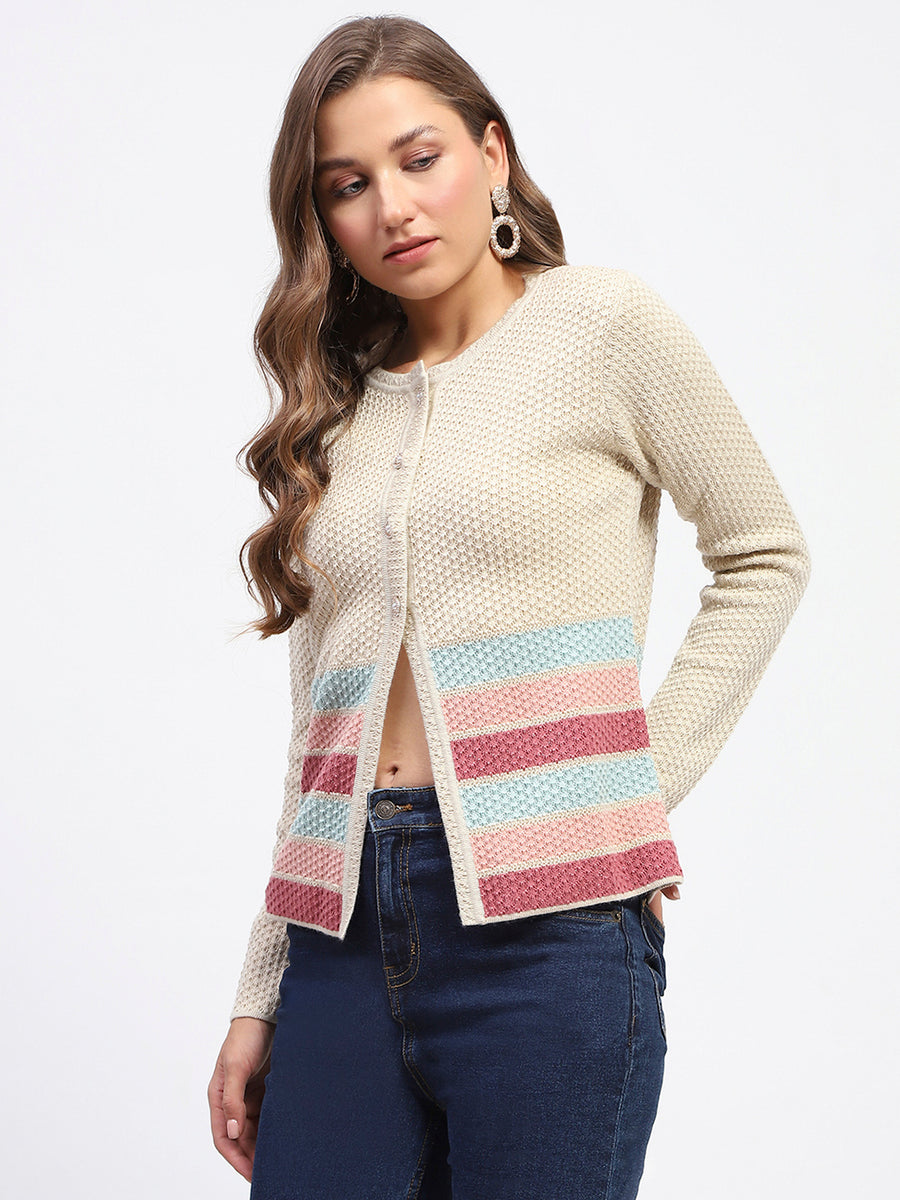 Madame Beige Striped Buttoned Cardigan