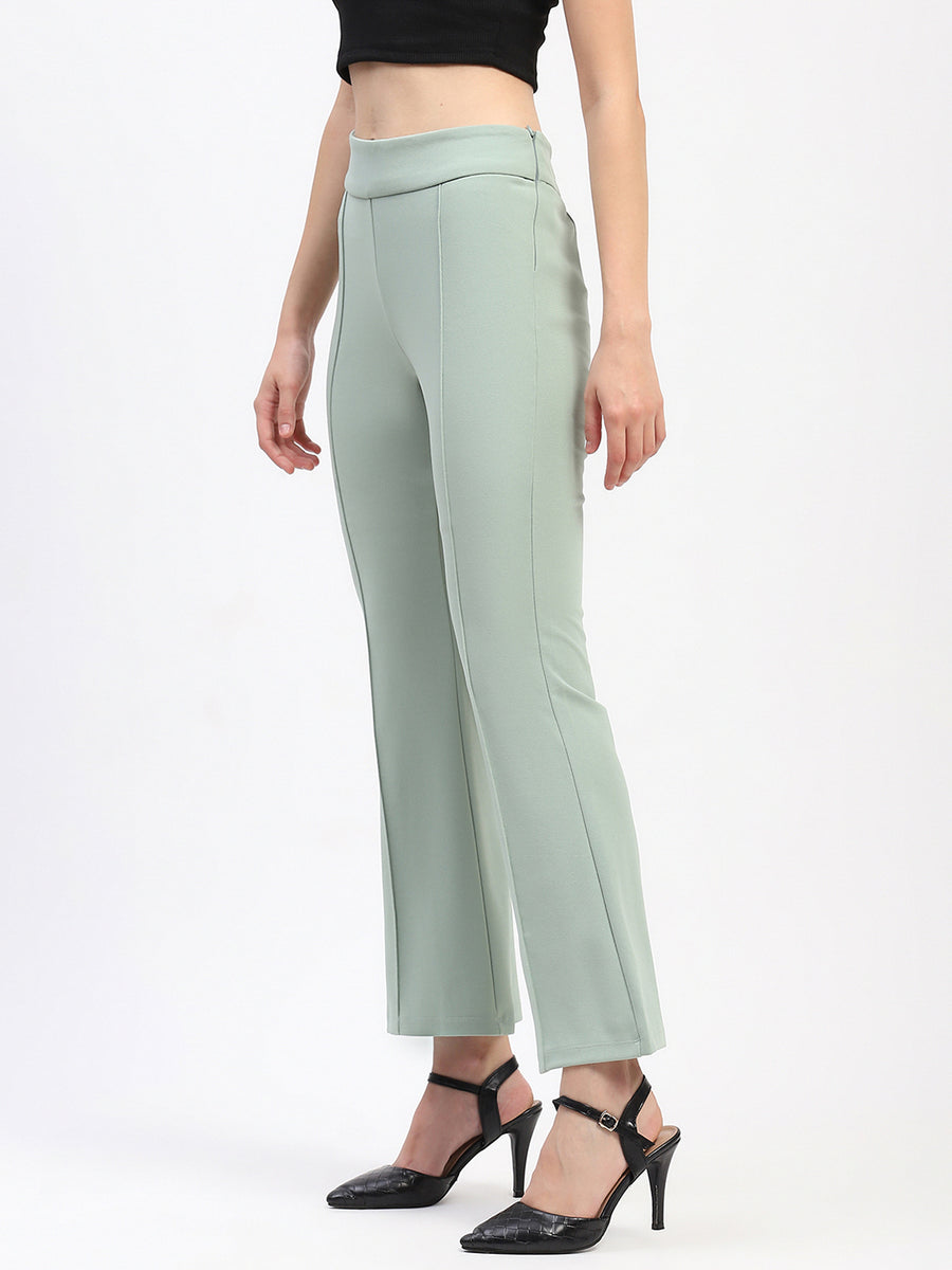 Madame Pleated Elasticated Waist Solid Moss Green Trousers