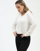 Madame Textured Round Neck Off White Zip Up Knit Top