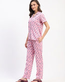 mSECRET Pink Button-Down Night Suit Set with Blue Floral Print