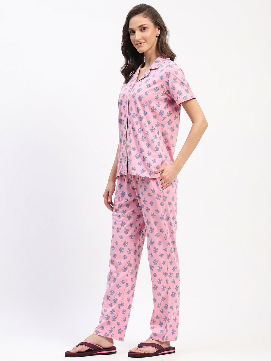 mSECRET Pink Button-Down Night Suit Set with Blue Floral Print