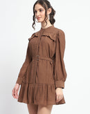 Madame Buckle Detailed Solid Chocolate Brown Shirt Dress