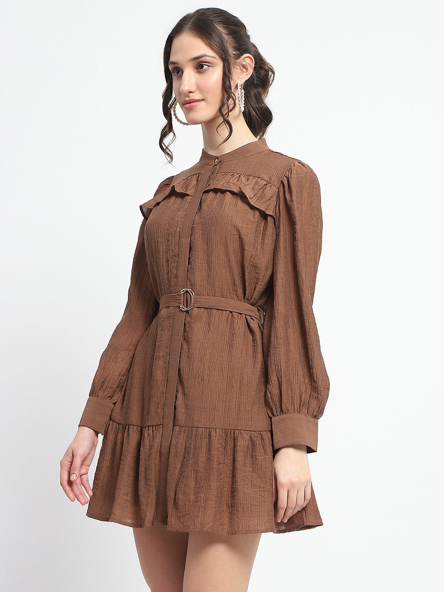 Madame Buckle Detailed Solid Chocolate Brown Shirt Dress