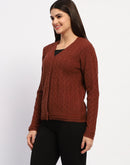 Madame Button Down Cable Knit V Neck Solid Rust Red Cardigan