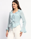 Madame Solid Sky Blue Ruffle Neck Bell Sleeve Top