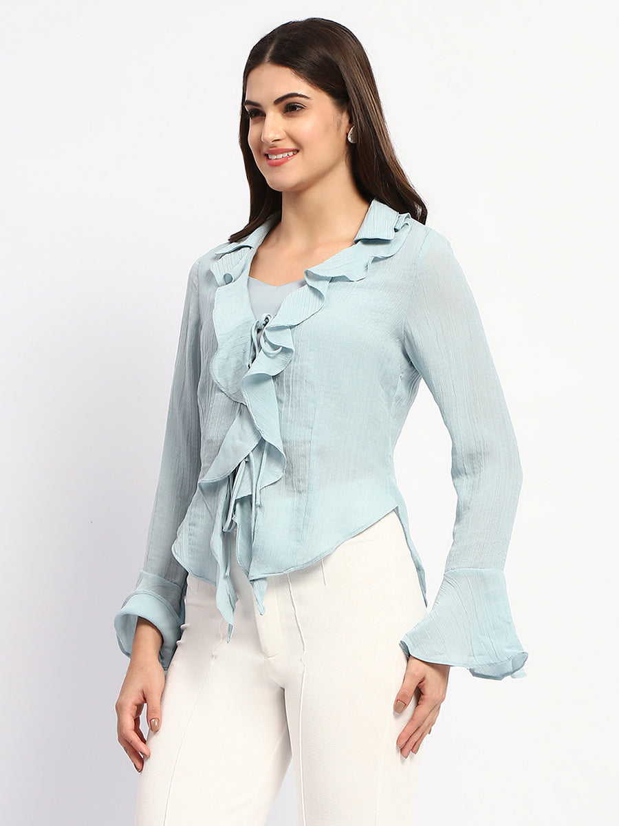 Madame Solid Sky Blue Ruffle Neck Bell Sleeve Top