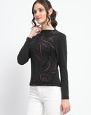 Madame Abstract Print Sleeve Crew Neck Black Top