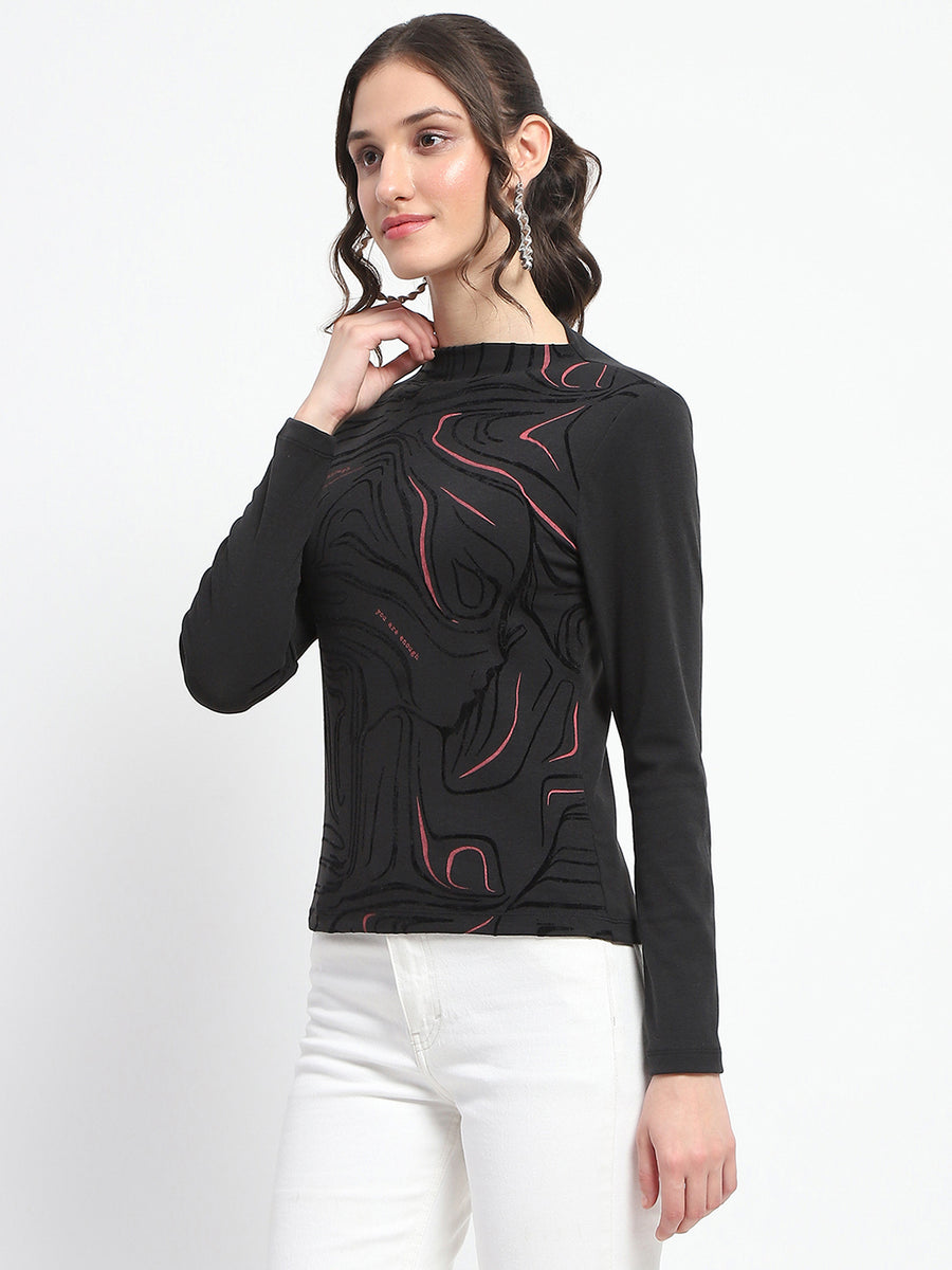 Madame Abstract Print Sleeve Crew Neck Black Top