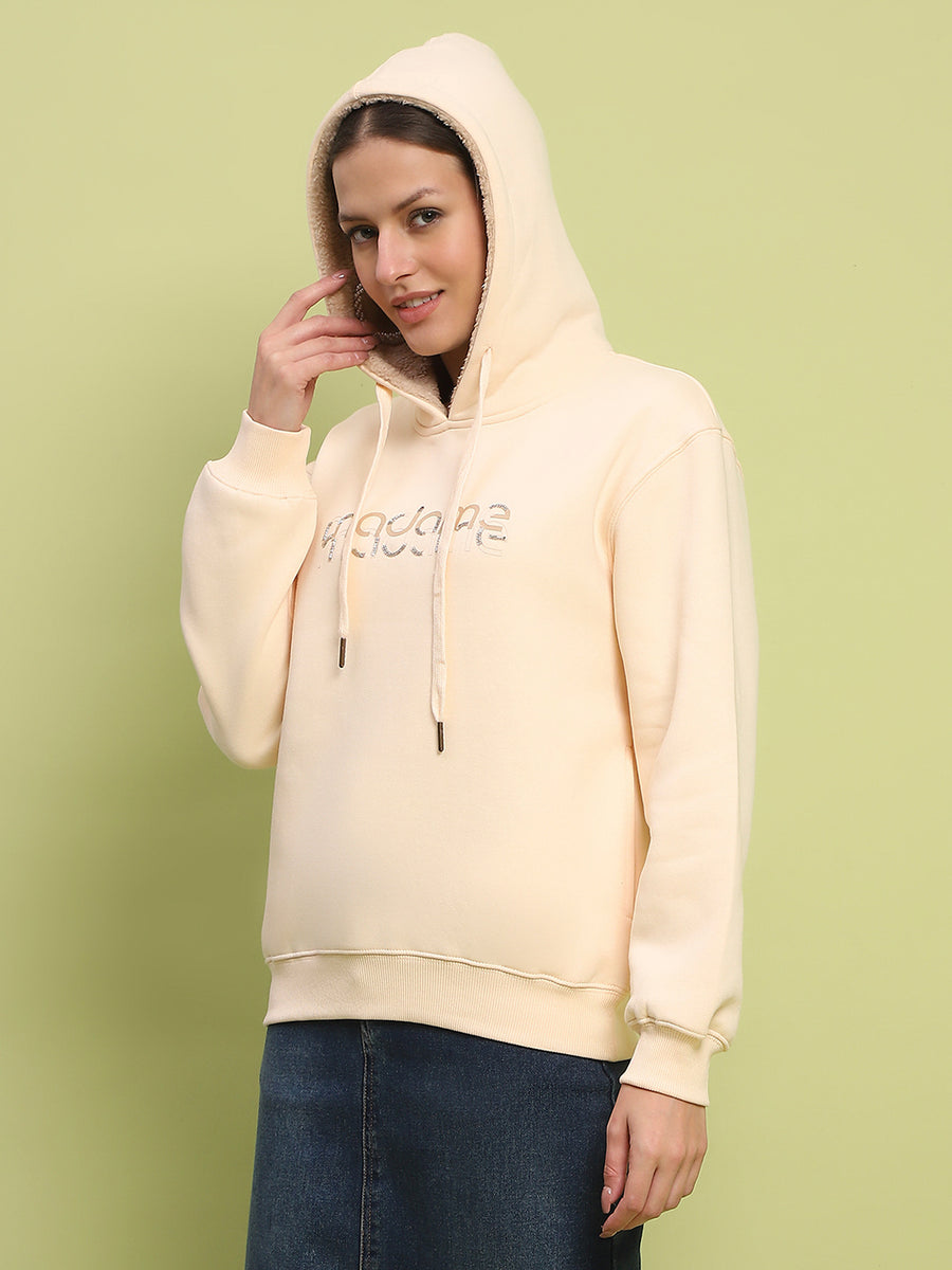 Madame Typography Print Hooded Beige Cotton Sweatshirt