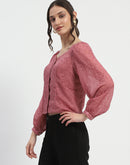 Madame Floral Print Queen Anne Neck Buttoned Pink Top