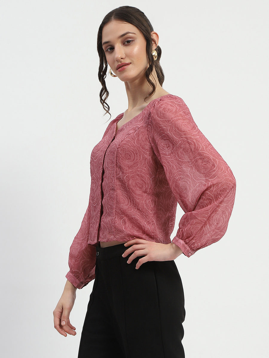 Madame Floral Print Queen Anne Neck Buttoned Pink Top