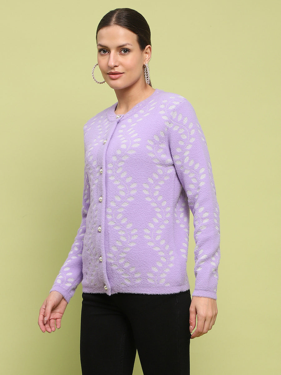 Madame Self Design Buttoned Lilac Cardigan