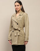 Madame Double Breasted Buckle Belt Detailed Solid Pista Green Trench Shrug