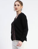 Madame Colorful Embroidered Trim V-Neck Black Cardigan