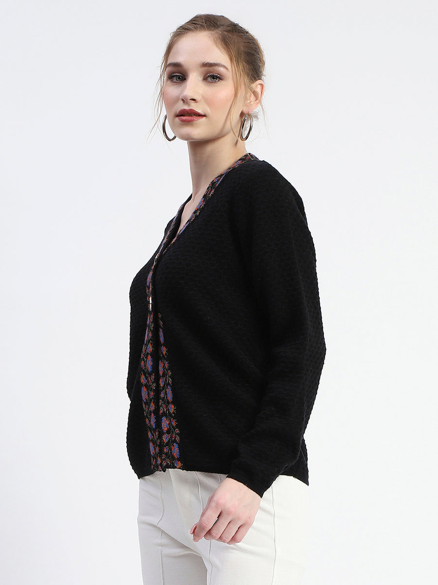 Madame Colorful Embroidered Trim V-Neck Black Cardigan