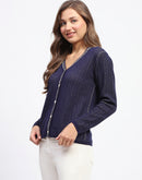 Madame Geometric Pattern V Neck Navy Blue Cardigan