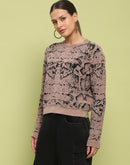 Madame Printed Crew Neck Full Sleeve Brown Sweater