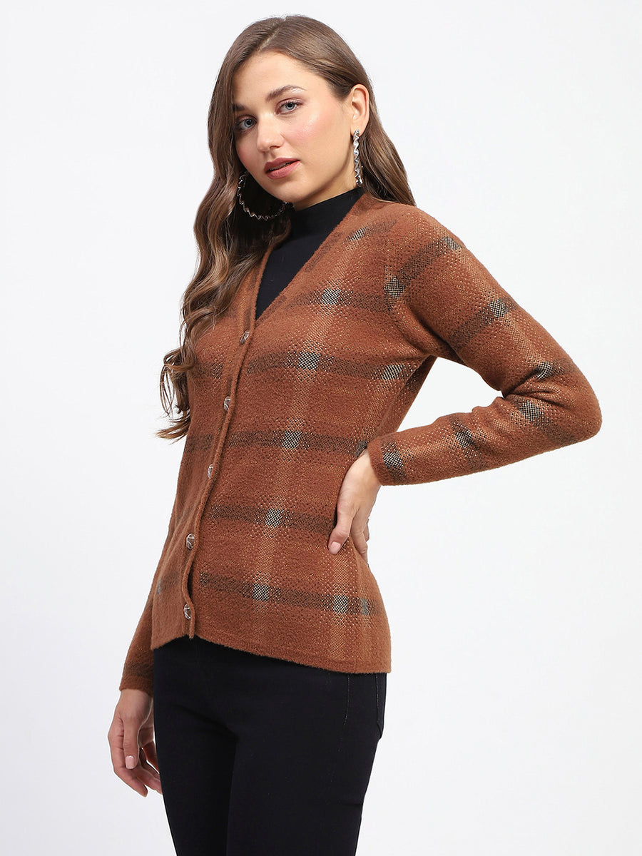 Madame Striped Brown V-Neck Buttoned Cardigan