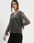 Madame Ruffle Sleeve Black Shimmery Top