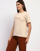 Madame Typography Print Crew Neck Cotton Beige Top