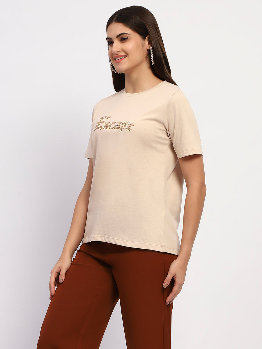 Madame Typography Print Crew Neck Cotton Beige Top