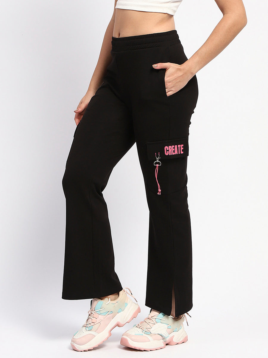 mSECRET Flap Patch Cotton Solid Black Wide Leg Trousers