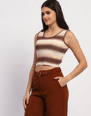 Madame Striped Sleeveless Cotton Brown Crop Sweater