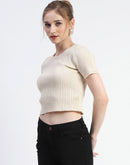 Madame Solid Beige Ribbed Crew Neck Crop Top