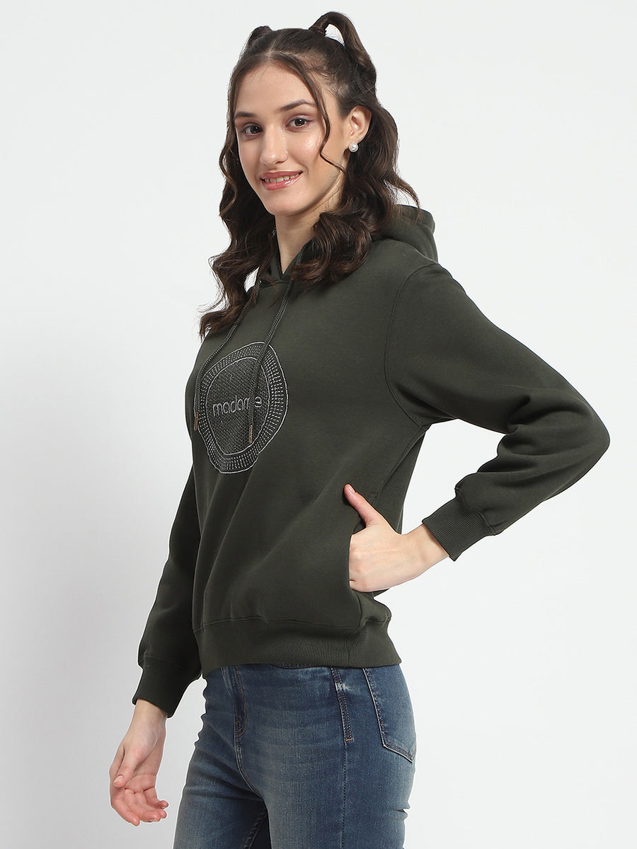 Madame Abstract Print Hooded Olive Cotton Sweatshirt