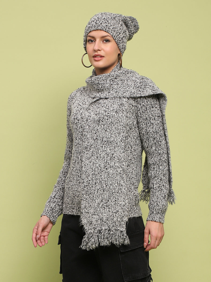 Madame Self Design Regular Fit Grey Sweater