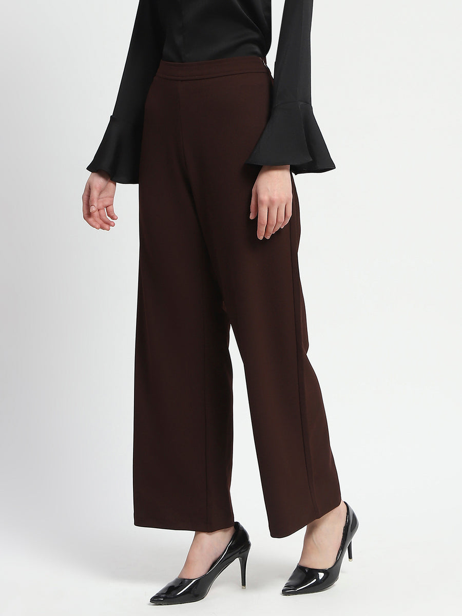 Madame Straight Fit Elasticated Waist Solid Coffee Trousers