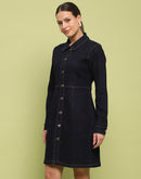 Madame Cotton Blend Belted Dark Indigo Mini Denim Dress