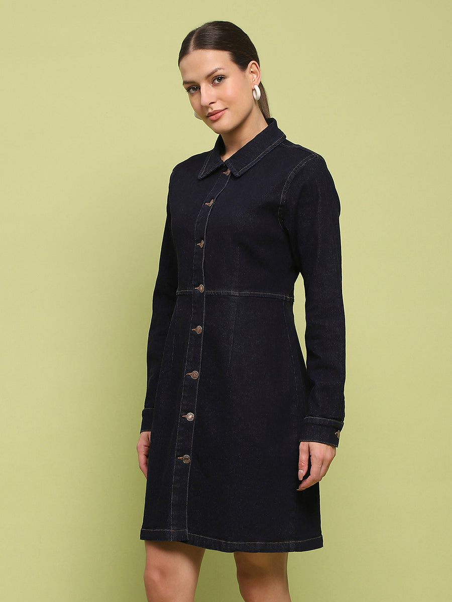 Madame Cotton Blend Belted Dark Indigo Mini Denim Dress