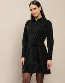 Madame Belted Button Down Black Mini Shirt Dress